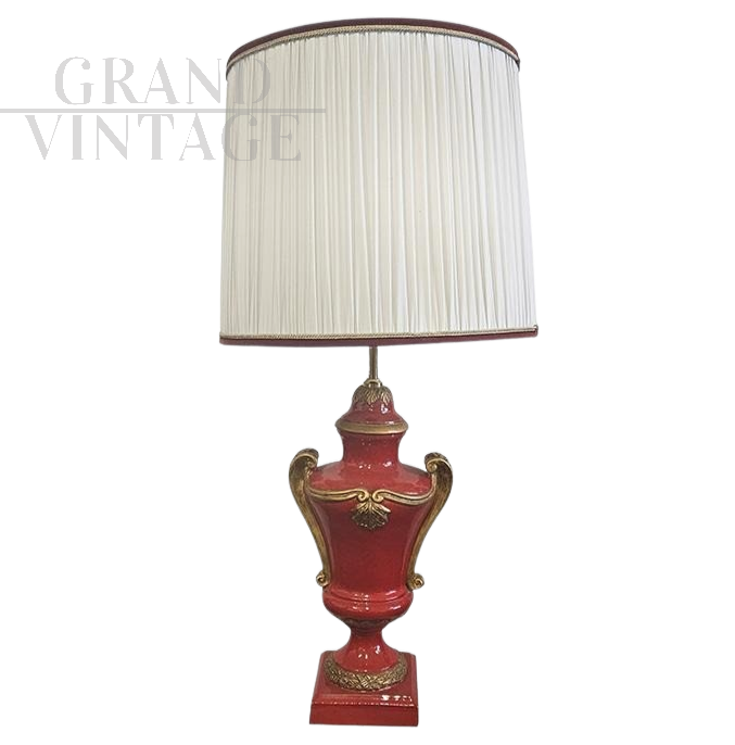 Lampada abat-jour in porcellana smaltata rossa e oro                            