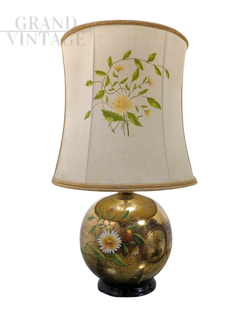 Lampada in ceramica dorata con decoro floreale di Ghinza, anni '70                            