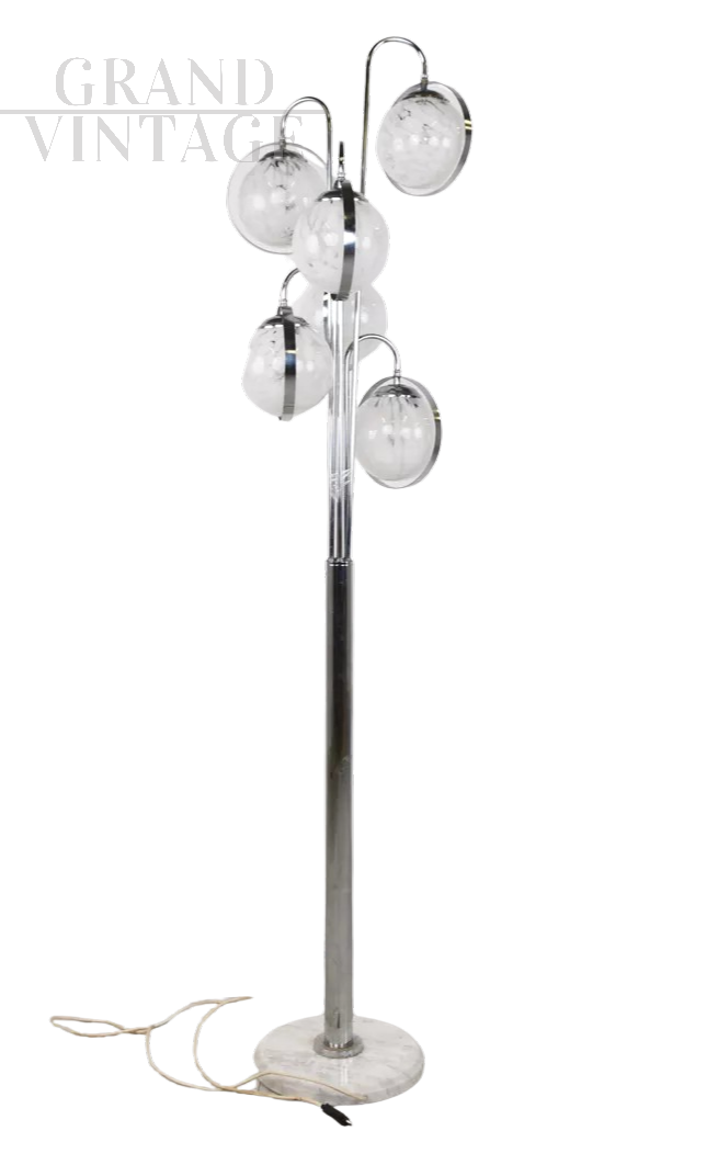 Lampada piantana in vetro di Murano e acciaio in stile space age                            