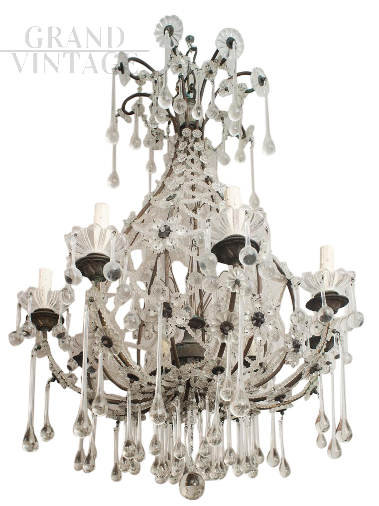 Lampadario antico Liberty in latta e cristallo, XX secolo