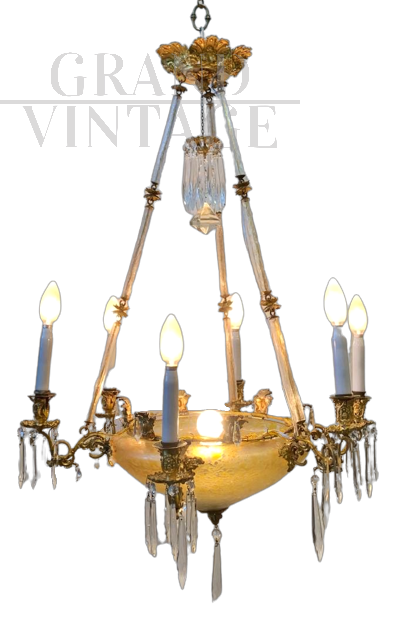 Lampadario austriaco antico in vetro acidato del 1900                            