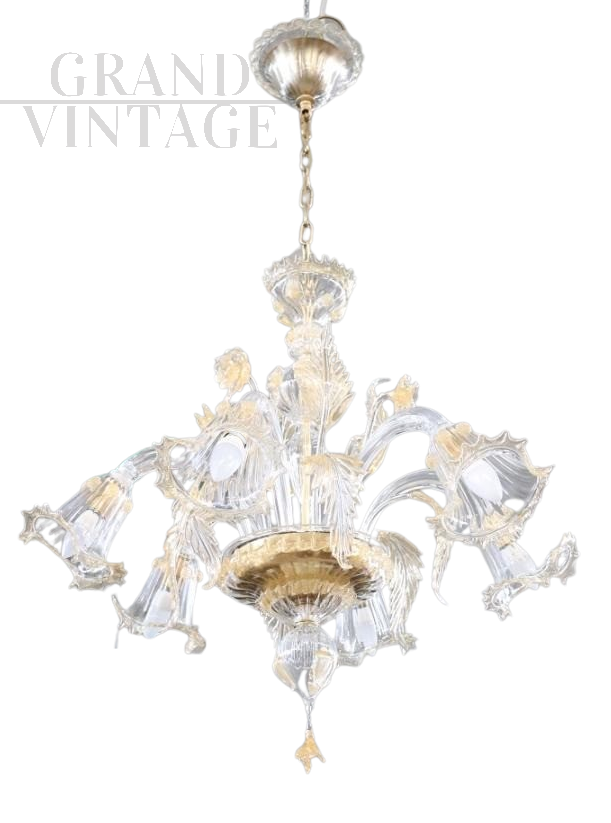 Lampadario La Murrina vintage in vetro di Murano dorato con 6 luci                            