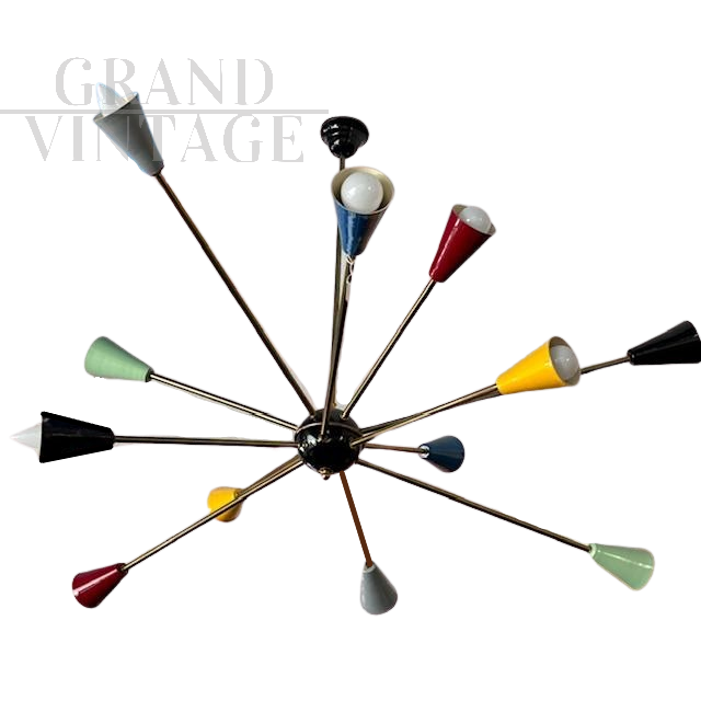 Lampadario Sputnik di Stilnovo originale con 12 punti luce a cono colorati