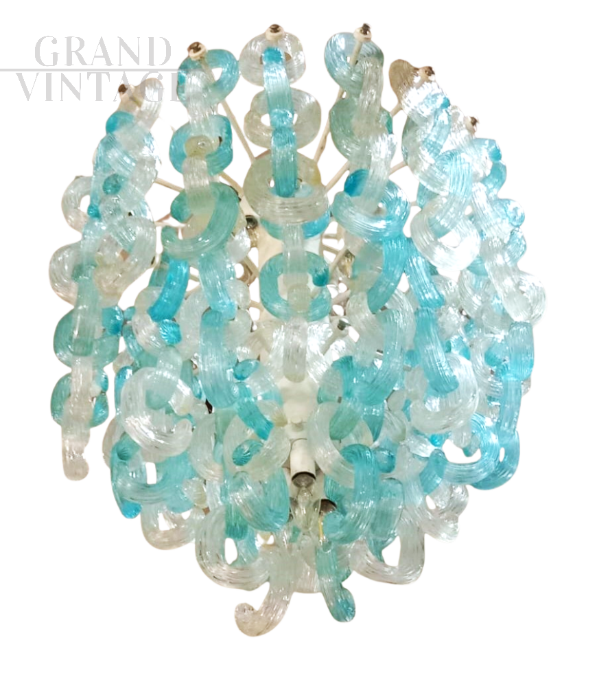 Lampadario dei Fratelli Toso in vetro di Murano a riccioli azzurri                            