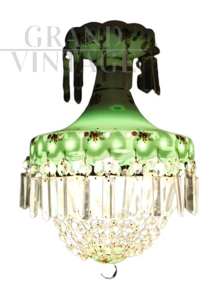 Lampadario vintage in vetro decorato e cristalli Boemia, anni '50