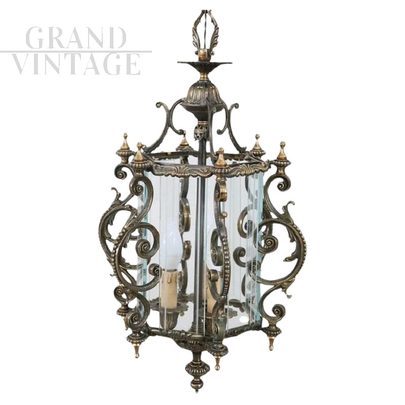 Lanterna vintage anni '80 in bronzo cesellato e vetro                            