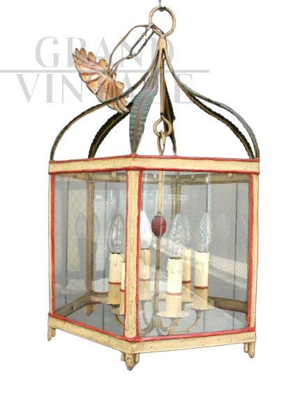Lanterna vintage in vetro  e legno laccato                            