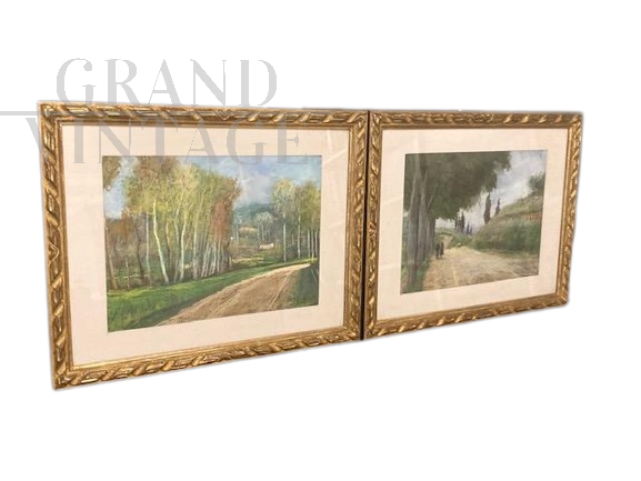 Menotti Pertici - coppia di dipinti a pastello con paesaggi toscani                            