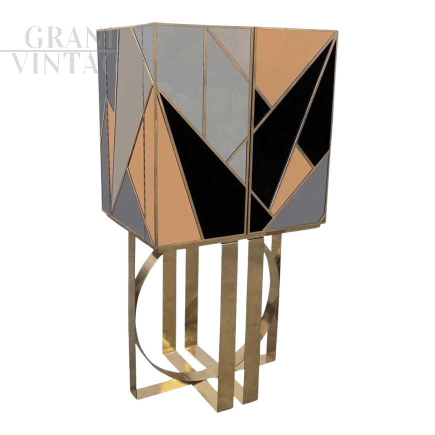 Mobile bar bifacciale da centro rivestito con specchi colorati                            