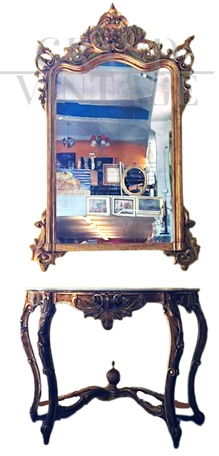 Monumentale console con specchio antica romana in foglia oro                            