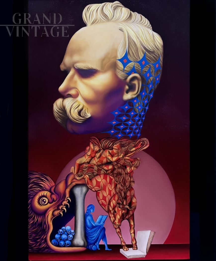 Nietzsche - dipinto di Beni a olio e foglia d'oro su tela, 2023                            