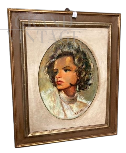 P. Salatini - dipinto con volto di donna, olio su cartoncino in cornice laccata                            