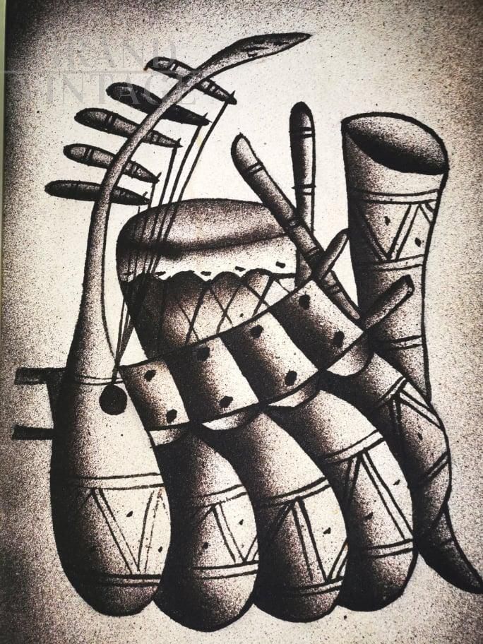 Nsingi - dipinto con strumenti musicali etnici, Zaire