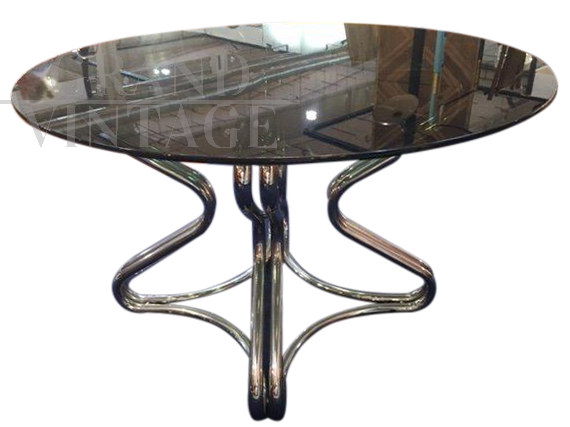 Tavolo rotondo in metallo cromato, produzione Rima