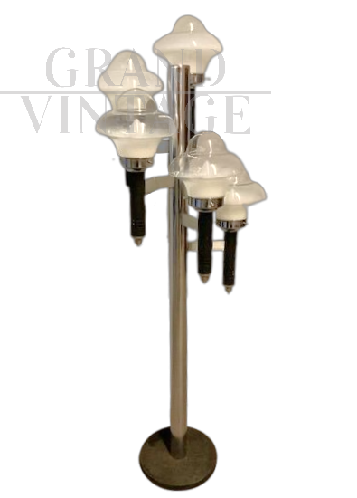 Piantana lampada in vetro di Murano e metallo cromato anni '70 a cinque luci                            