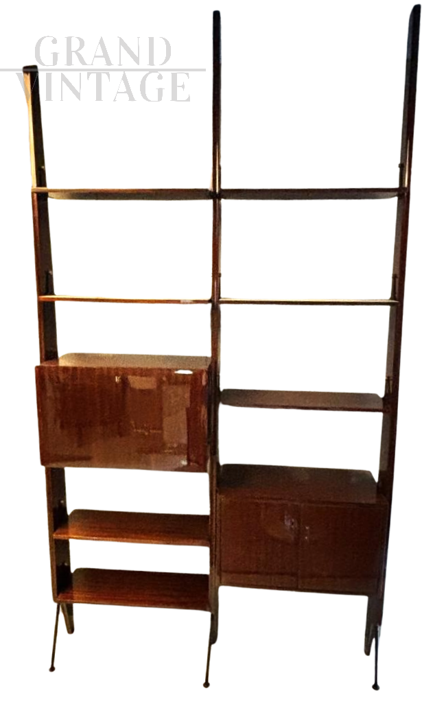 Piccola libreria modulare anni '60 in mogano                            