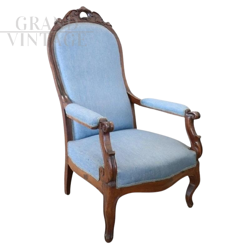Poltrona antica in noce e tessuto azzurro, metà XIX secolo                            