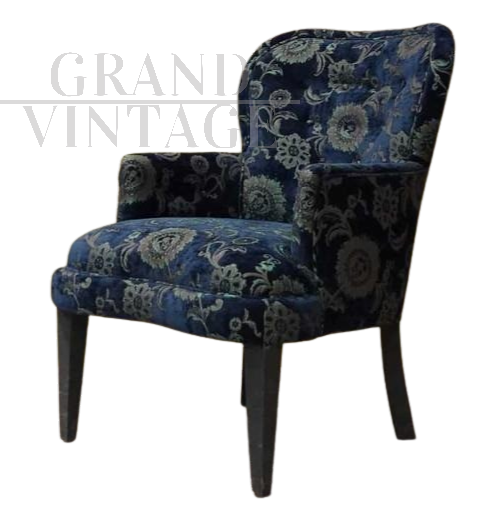 Poltrona art déco in velluto blu floreale                            