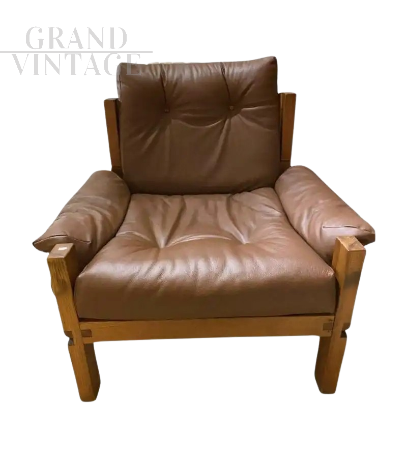 Poltrona S15 di Pierre Chapo in olmo e pelle Connolly marrone                            