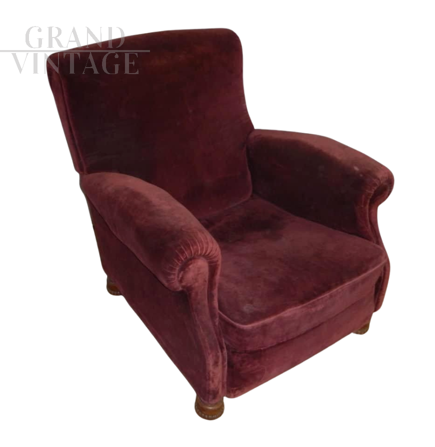 Poltrona vintage Italiana in velluto bordeaux, anni '50                            