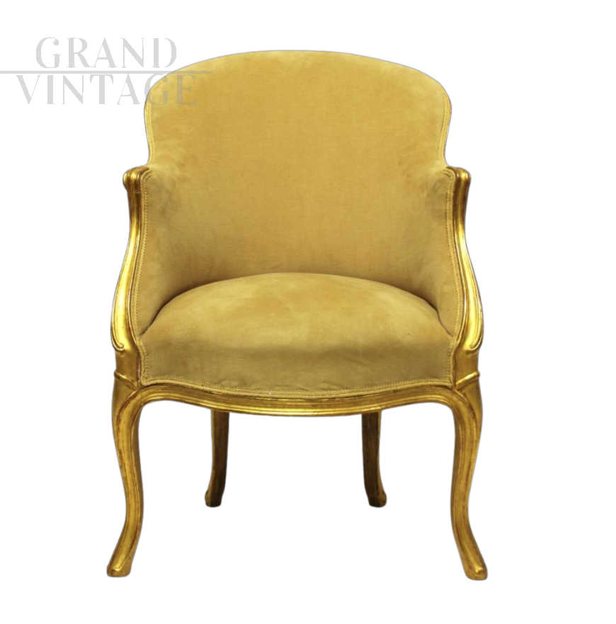 Poltroncina Impero primi '800 in legno dorato e velluto giallo ocra                            