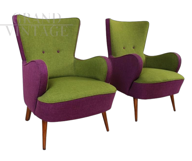 Poltrone vintage anni '80 in cotone piquet verde e viola                            