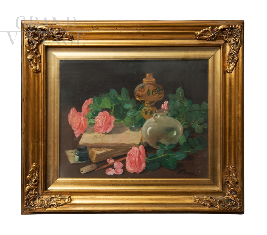 Raffaele Pucci - Dipinto di Natura Morta con rose, olio su tela                            