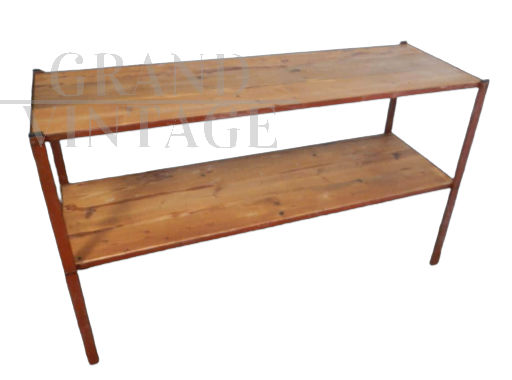 Scaffale console industriale in ferro laccato rosso e legno, anni '60