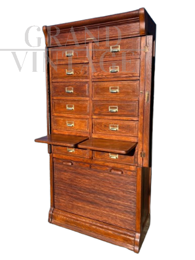 Schedario archivio vintage in legno con cassetti e serrandina                            