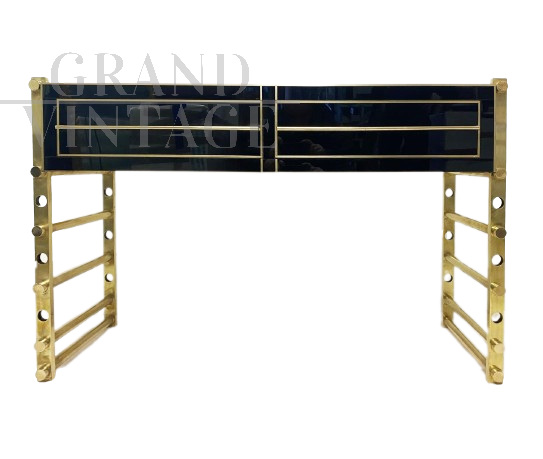 Scrittoio consolle vintage in vetro nero e ottone, anni '70                            