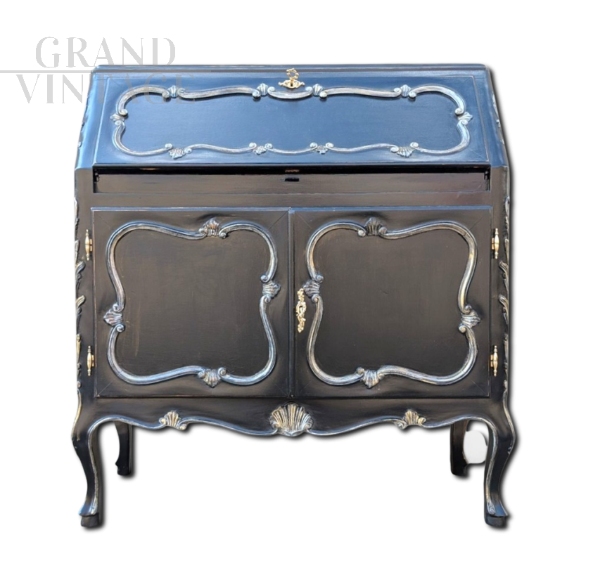 Scrittoio a ribalta in stile barocco francese in noce laccato nero