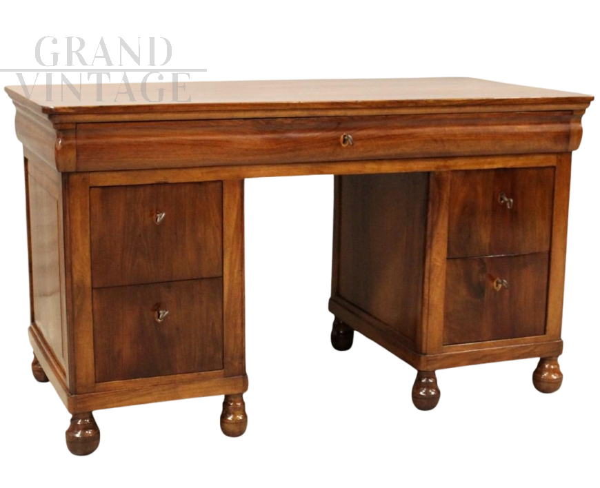 Scrivania antica Luigi Filippo in noce con cassetti, Italia '800.