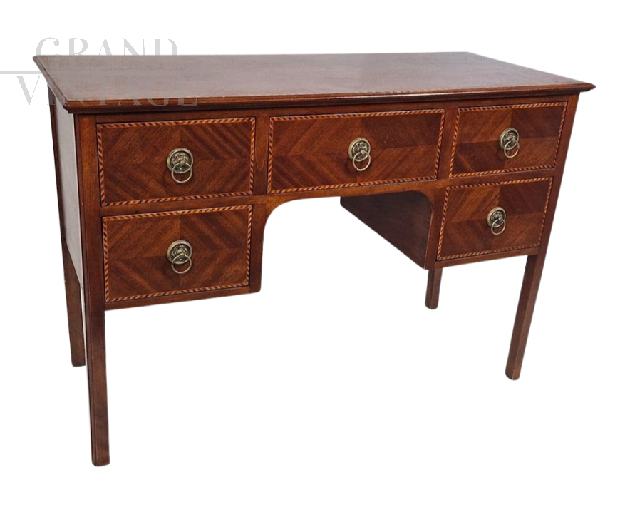 Scrivania in stile antico Luigi XVI con cassetti e filettature intarsiate                            
