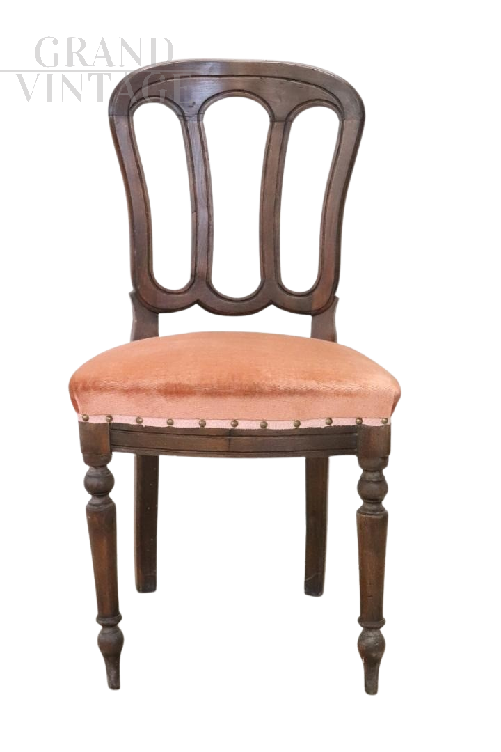 Sedia singola antica dell'800 rivestita in velluto color pesca                            