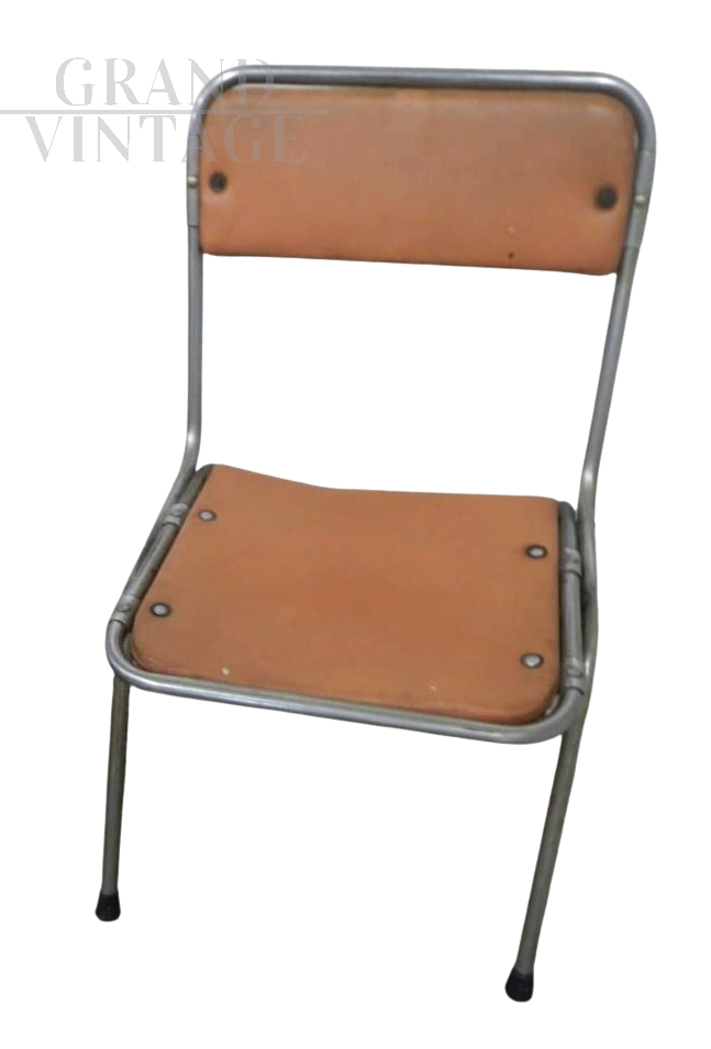 Sedia pieghevole vintage da bambino in skai marrone, 1970                            