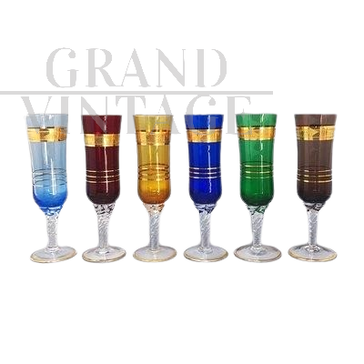 Set di 6 bicchieri vintage in vetro di Murano colorato con filo d'oro, Italia anni '60                            