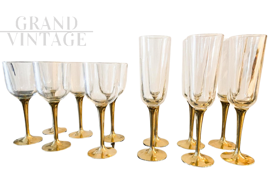 Set di 12 calici da barca in vetro di Murano e ottone, Italia anni '80                            