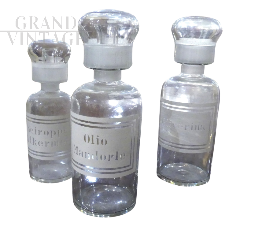 Set di 3 barattoli antichi da farmacista in vetro, Italia '800                            