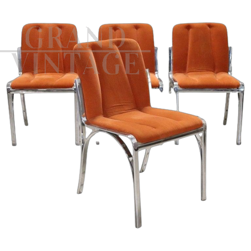 Set di 4 sedie design vintage in metallo cromato e velluto arancione, anni '70                            