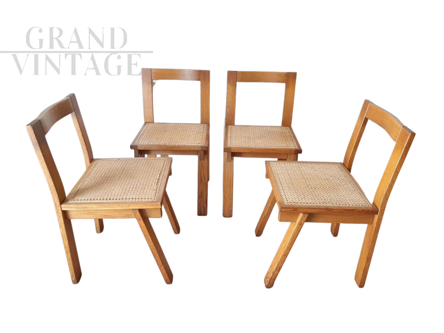 Set di 4 sedie vintage modernariato in rovere naturale e paglia di Vienna, anni '80                            
