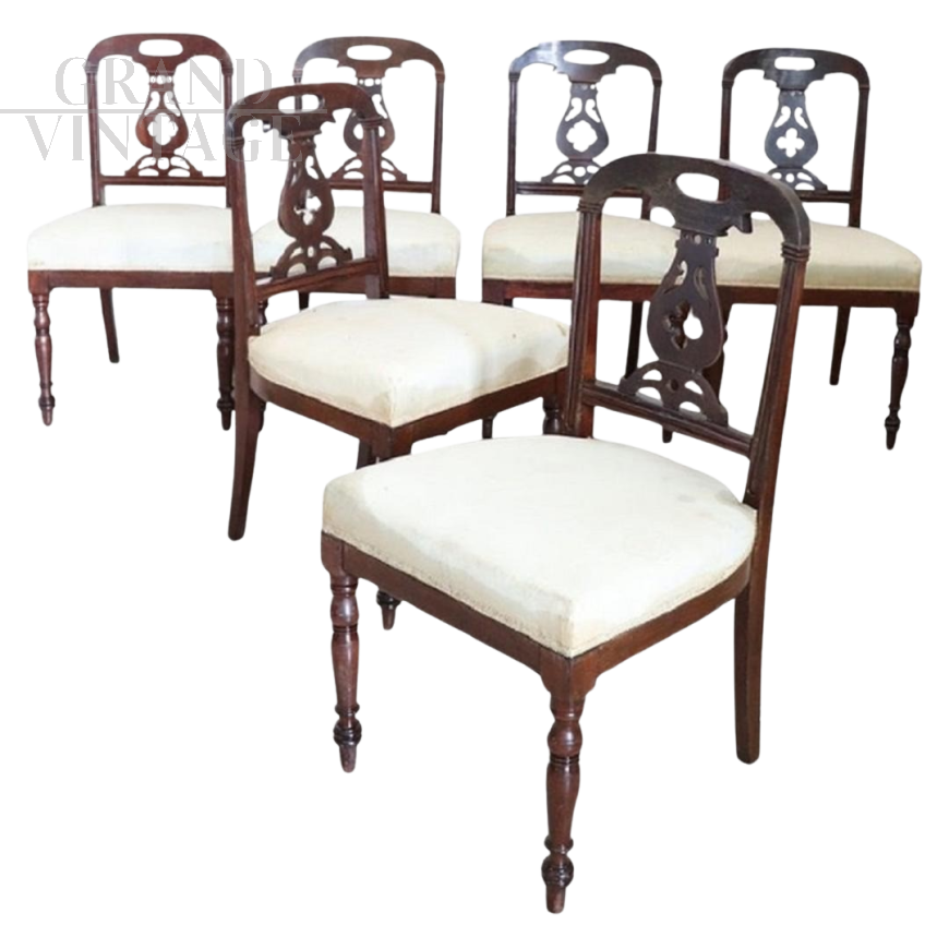 Set di 6 sedie inglesi antiche in mogano dell'800 con seduta imbottita