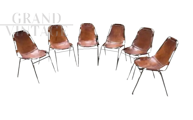 Set di 6 sedie di Charlotte Perriand per Les Arcs in pelle Cordovan                            