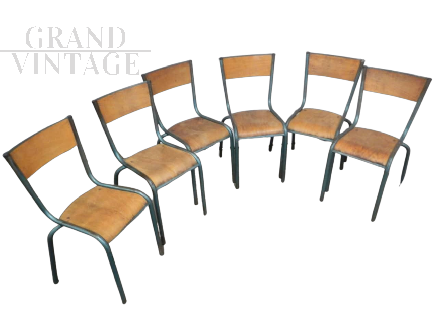 Set di 6 sedie Mullca verdi impilabili con seduta in legno chiaro, anni '60                            