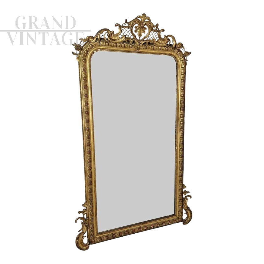 Specchio antico dell'800 in legno intagliato e dorato                            