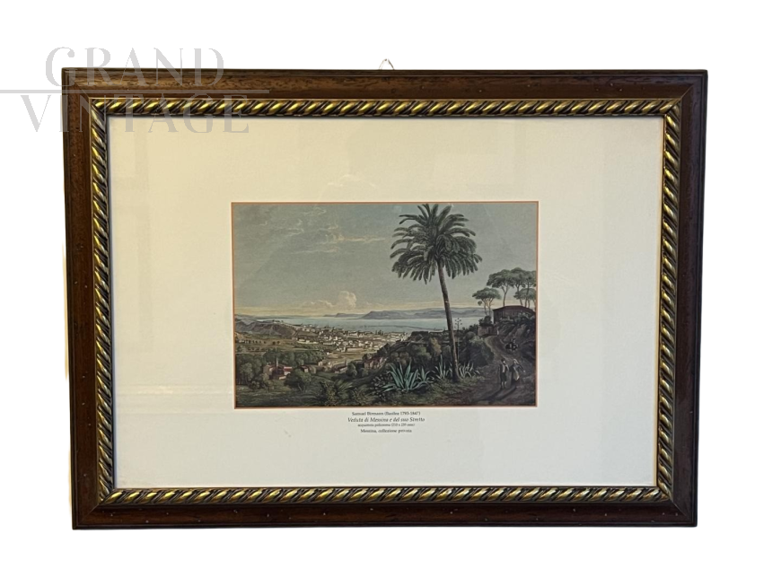 Stampa a colori con veduta di Messina e del suo stretto                            