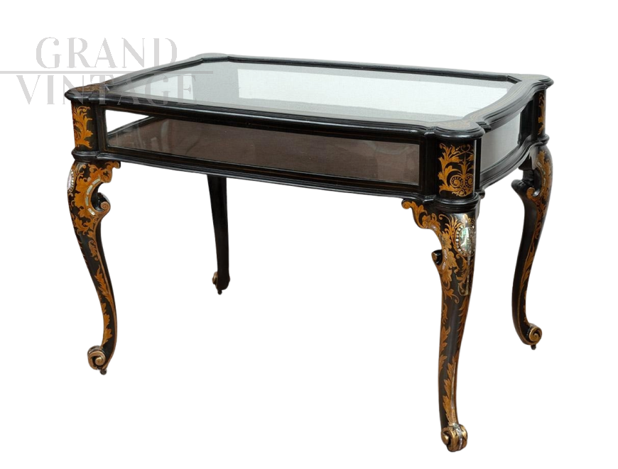 Tavolino a bacheca antico Napoleone III in legno ebanizzato con madreperla                            