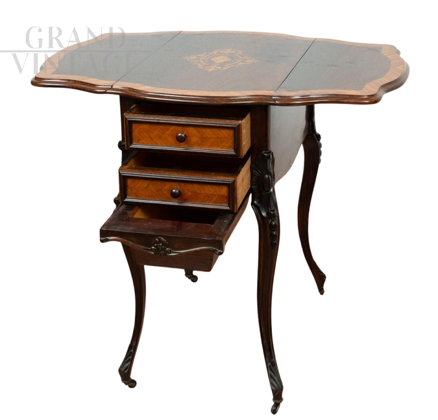 Tavolino da lavoro antico Napoleone III allungabile intarsiato                            