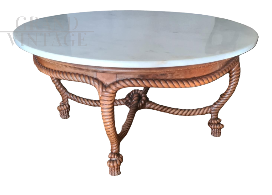 Tavolino da salotto rotondo di fine '800 in legno scolpito e marmo                            