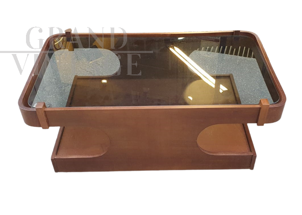 Tavolino da salotto vintage in teak con rotelle e piano in vetro                            