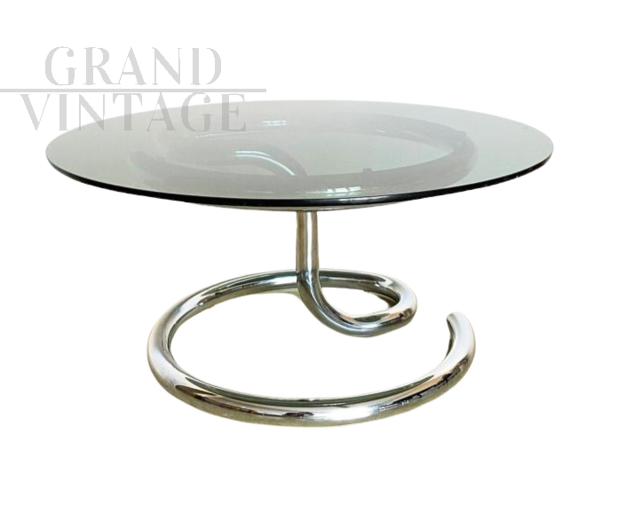 Tavolino di Giotto Stoppino in tubolare metallico e vetro fumé, Italia anni '70                            